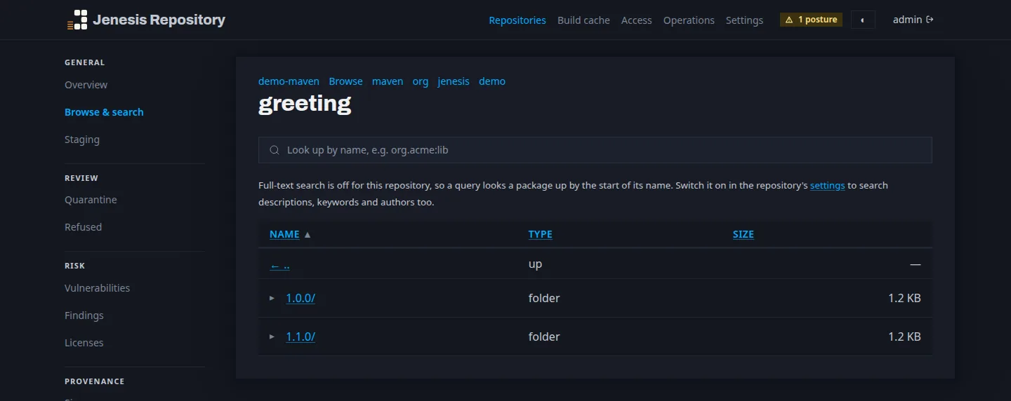 The browse tree of demo-maven at maven/org/jenesis/demo/greeting: a breadcrumb back to the repository's root, a look-up by name, and the folders 1.0.0 and 1.1.0 with their sizes, each expandable in place.