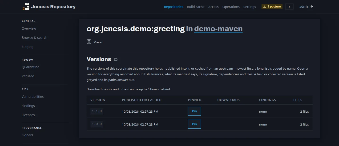 The page of the package org.jenesis.demo:greeting in demo-maven: its two versions, 1.1.0 and 1.0.0, newest first, each with when it was published, a Pin button, its findings and its files.
