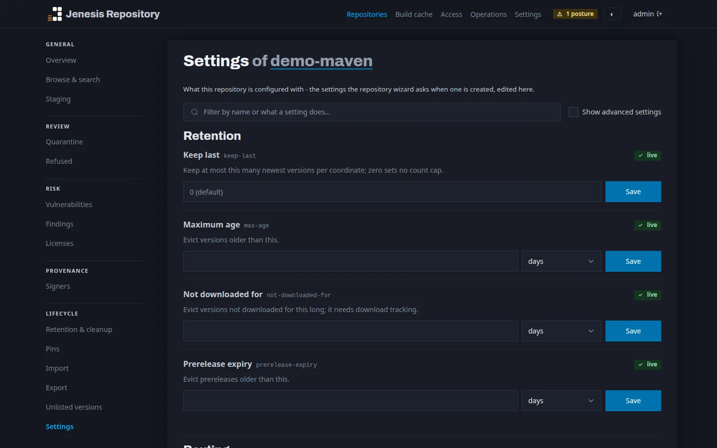 The Settings page of demo-maven, under a filter for finding a setting by what it does: its retention rules - Keep last at its default, Maximum age, Not downloaded for and Prerelease expiry as an amount and a unit - each with what it does and a Save beside it.