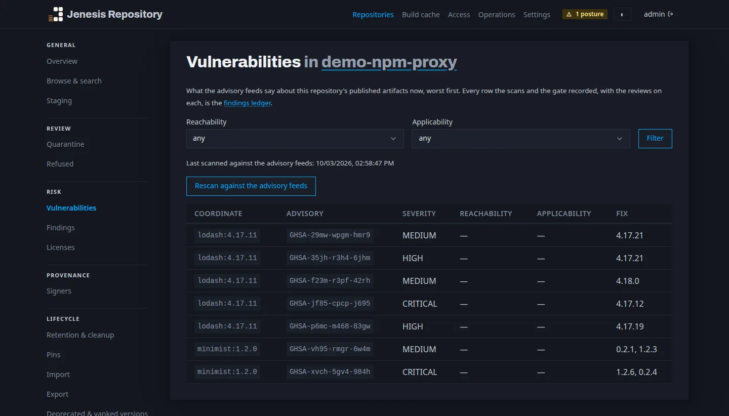 The vulnerabilities of demo-npm-proxy, worst first: lodash 4.17.11 and minimist 1.2.0, cached from the npm registry, with seven advisories between them - two critical - each with its severity and the versions that fix it, the time the repository was last scanned against the advisory feeds and a button to rescan.