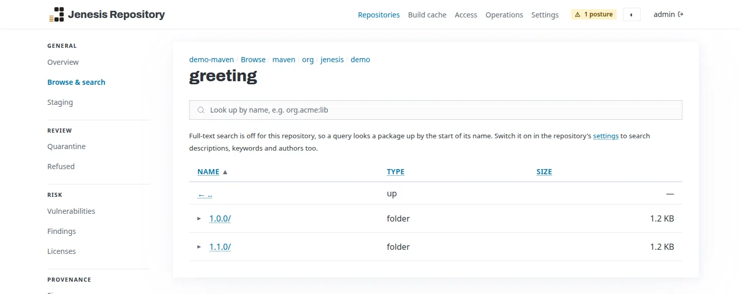 The browse tree of demo-maven at maven/org/jenesis/demo/greeting: a breadcrumb back to the repository's root, a look-up by name, and the folders 1.0.0 and 1.1.0 with their sizes, each expandable in place.