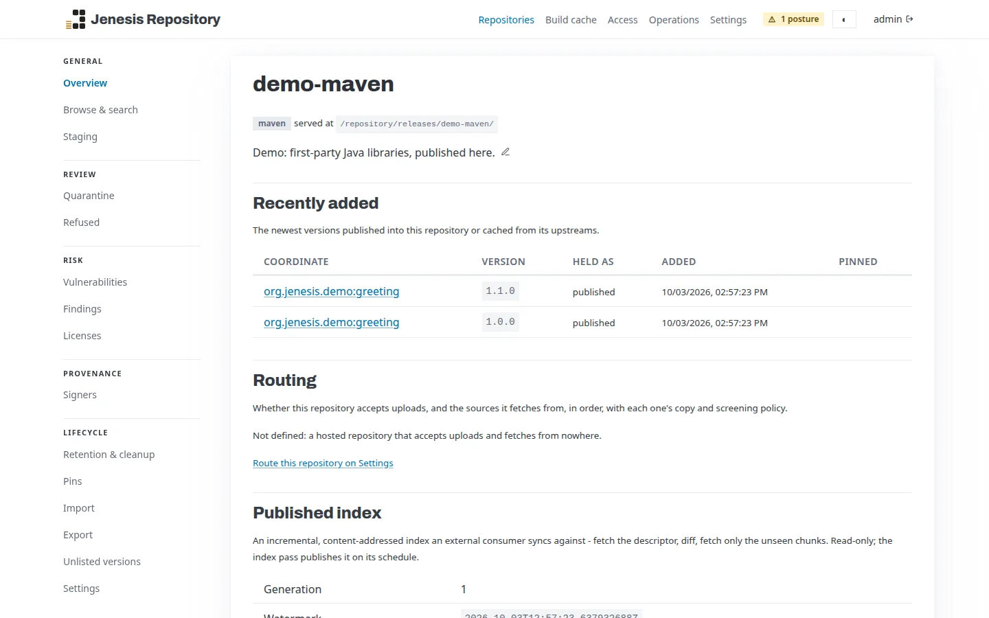 The overview of demo-maven, a Maven repository served at /repository/releases/demo-maven/: its description with a pencil to edit it, the versions most recently added - org.jenesis.demo:greeting 1.1.0 and 1.0.0, each published and when - its routing, and the sidebar of the repository's pages under General, Review, Risk, Provenance and Lifecycle.