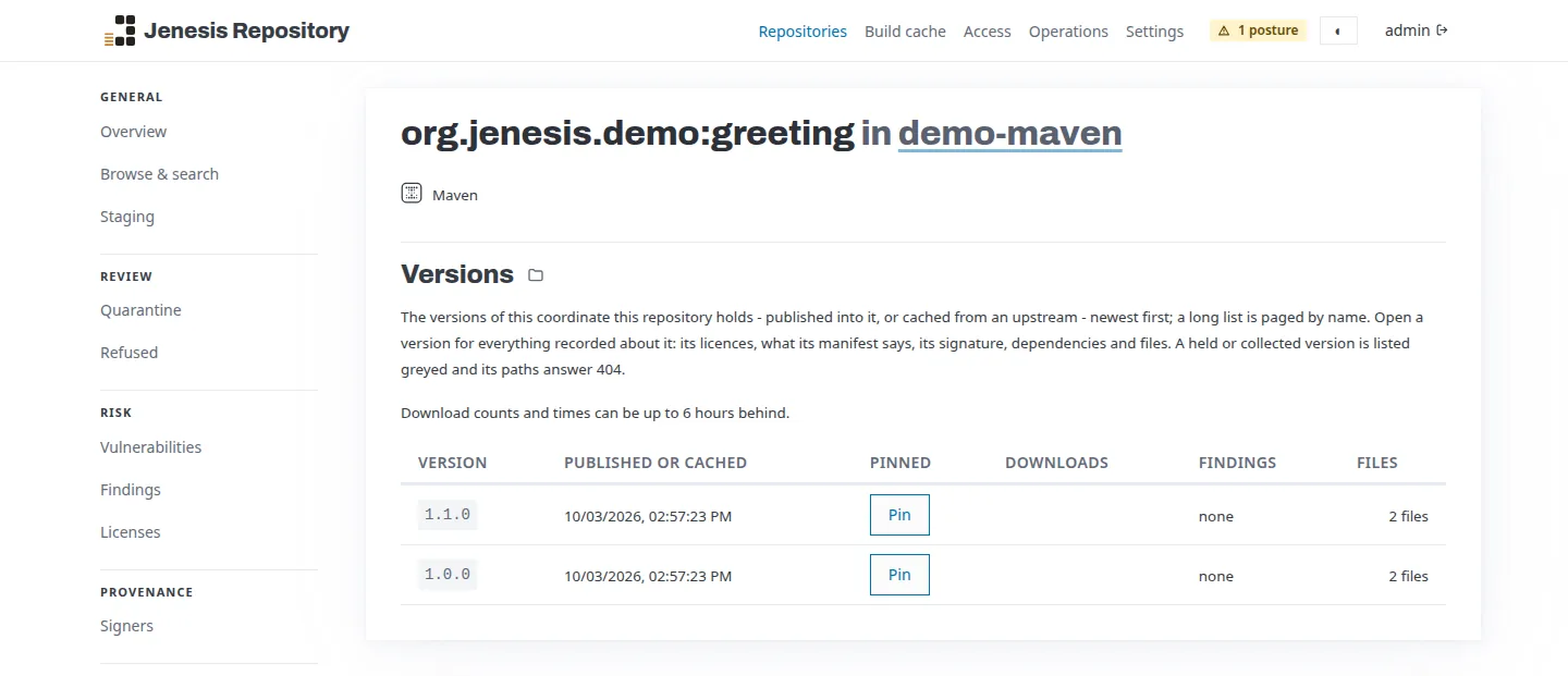 The page of the package org.jenesis.demo:greeting in demo-maven: its two versions, 1.1.0 and 1.0.0, newest first, each with when it was published, a Pin button, its findings and its files.