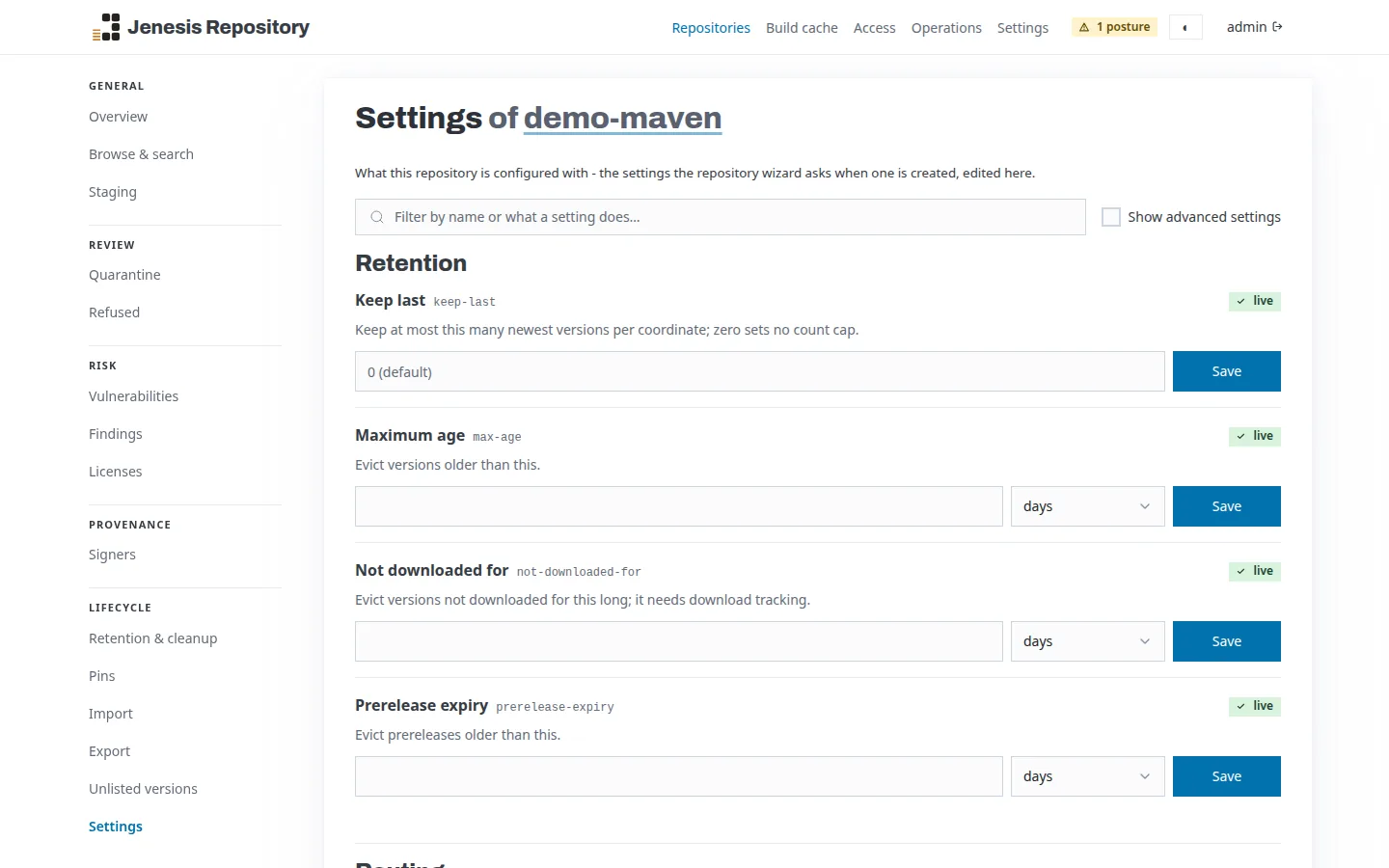The Settings page of demo-maven, under a filter for finding a setting by what it does: its retention rules - Keep last at its default, Maximum age, Not downloaded for and Prerelease expiry as an amount and a unit - each with what it does and a Save beside it.