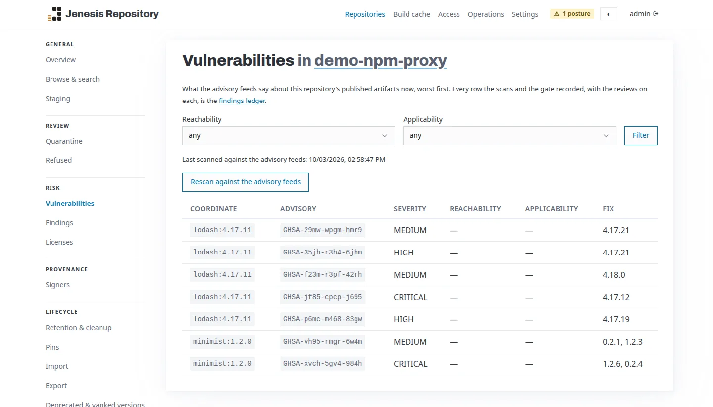 The vulnerabilities of demo-npm-proxy, worst first: lodash 4.17.11 and minimist 1.2.0, cached from the npm registry, with seven advisories between them - two critical - each with its severity and the versions that fix it, the time the repository was last scanned against the advisory feeds and a button to rescan.